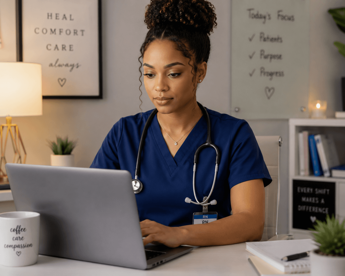 Nursing student studying on a laptop