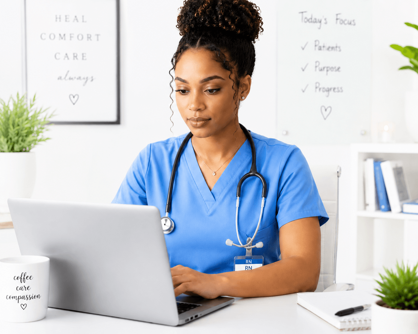 Nursing student studying on a laptop